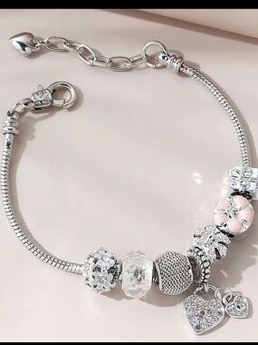 Silver Heart Charm Bracelet with Pink Flower Charm - Pandora Style